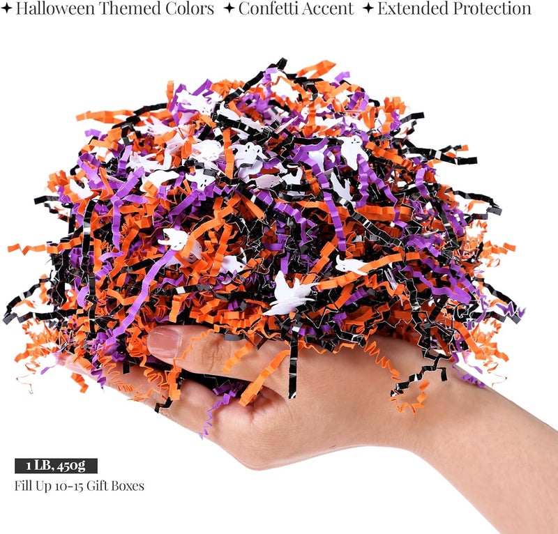 PAPER FAIR 1LB Halloween Metallic Black Orange Purple Crinkle Cut Paper with Ghost Confetti, Trick or Treat Candy Gift Basket Box Shredded Paper Raffia Filler, Craft Bedding Cushion, Birthday Party - Image 2